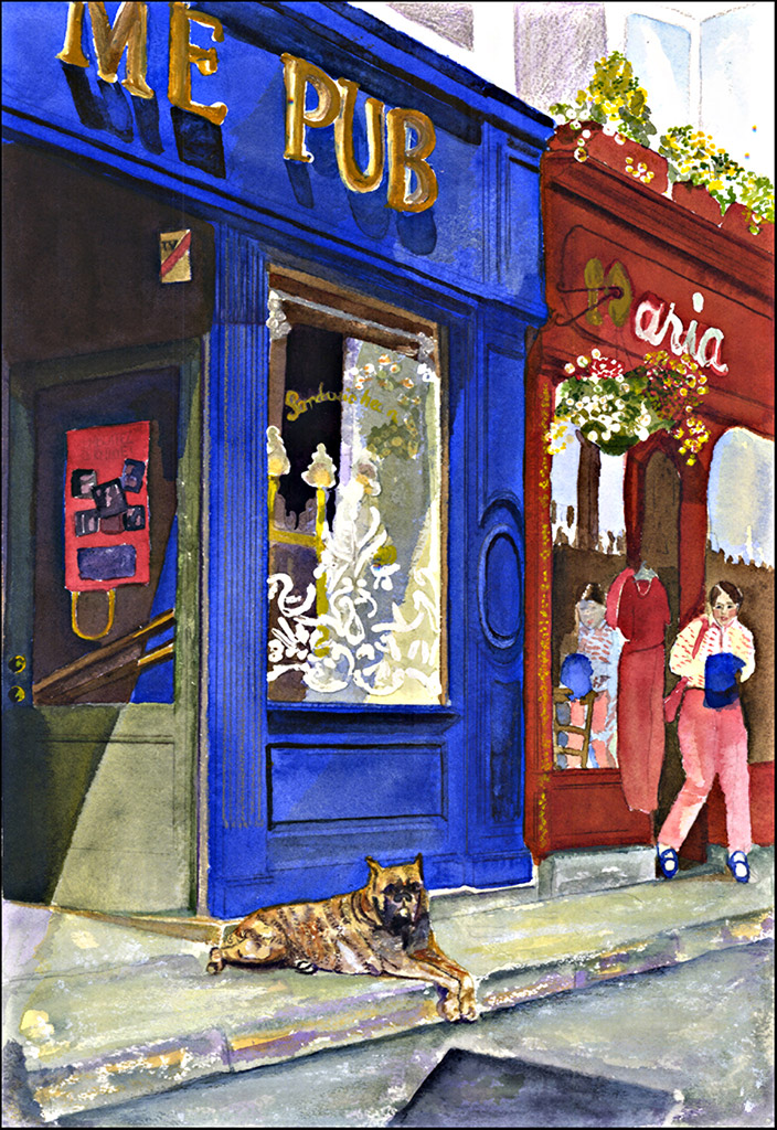 French Mastif enjoys a sunny day in front of a neighborhood pub.
