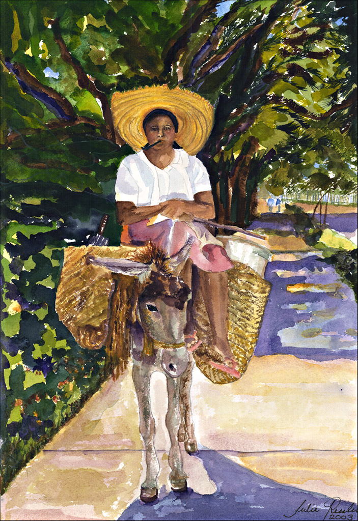 Marchanta Luisa is a flower and vegetable vendor on donkey back.